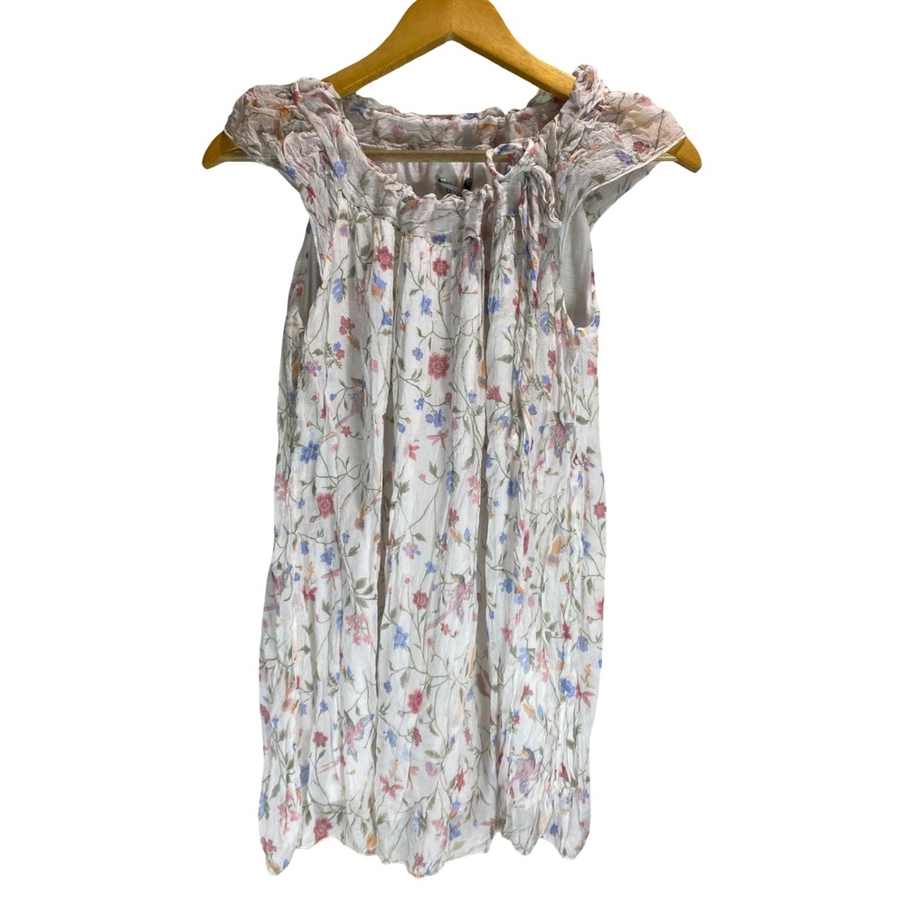 Tendenze Italy Silk‎ Sleeveless Floral Bird Print Crinkle Tunic Top White Medium